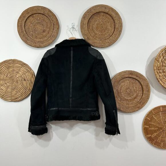 Express Neutral Black Faux Suede Fur Zip Up Moto Jacket Coat Medium Buckle - Picture 2 of 10